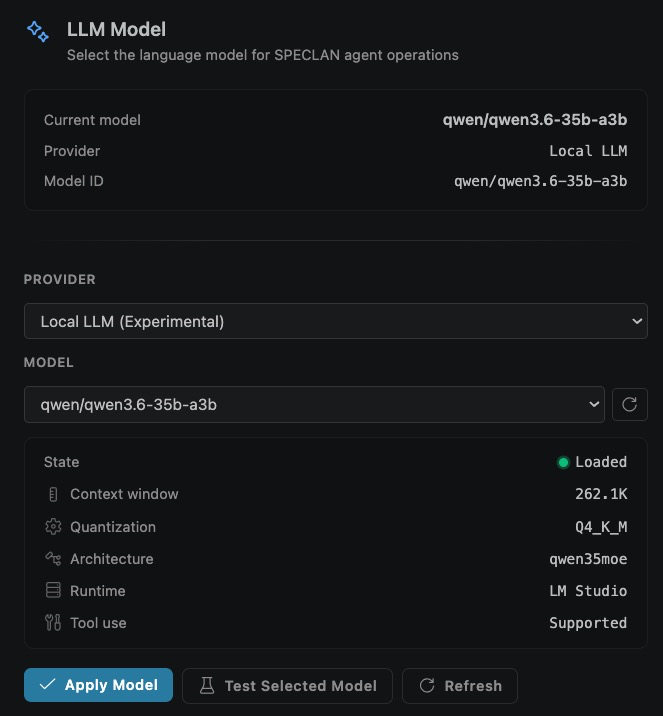 LLM Model panel: Current-model summary at top (qwen/qwen3.6-35b-a3b, Provider: Local LLM, Model ID), Provider dropdown set to Local LLM (Experimental), Model dropdown with refresh button, State panel showing Loaded / Context window 262.1K / Quantization Q4_K_M / Architecture qwen35moe / Runtime LM Studio / Tool use Supported, and three action buttons: Apply Model, Test Selected Model, Refresh