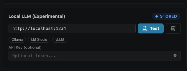 Local LLM API Keys card: base URL field prefilled with http://localhost:1234, Test button, delete icon, quick-pick chips for Ollama / LM Studio / vLLM, optional API Key field, and a STORED badge indicating the URL is saved