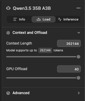 LM Studio Load panel showing Context Length set to the model's maximum of 262,144 tokens and GPU Offload at 40 layers for Qwen 3.6 35B A3B