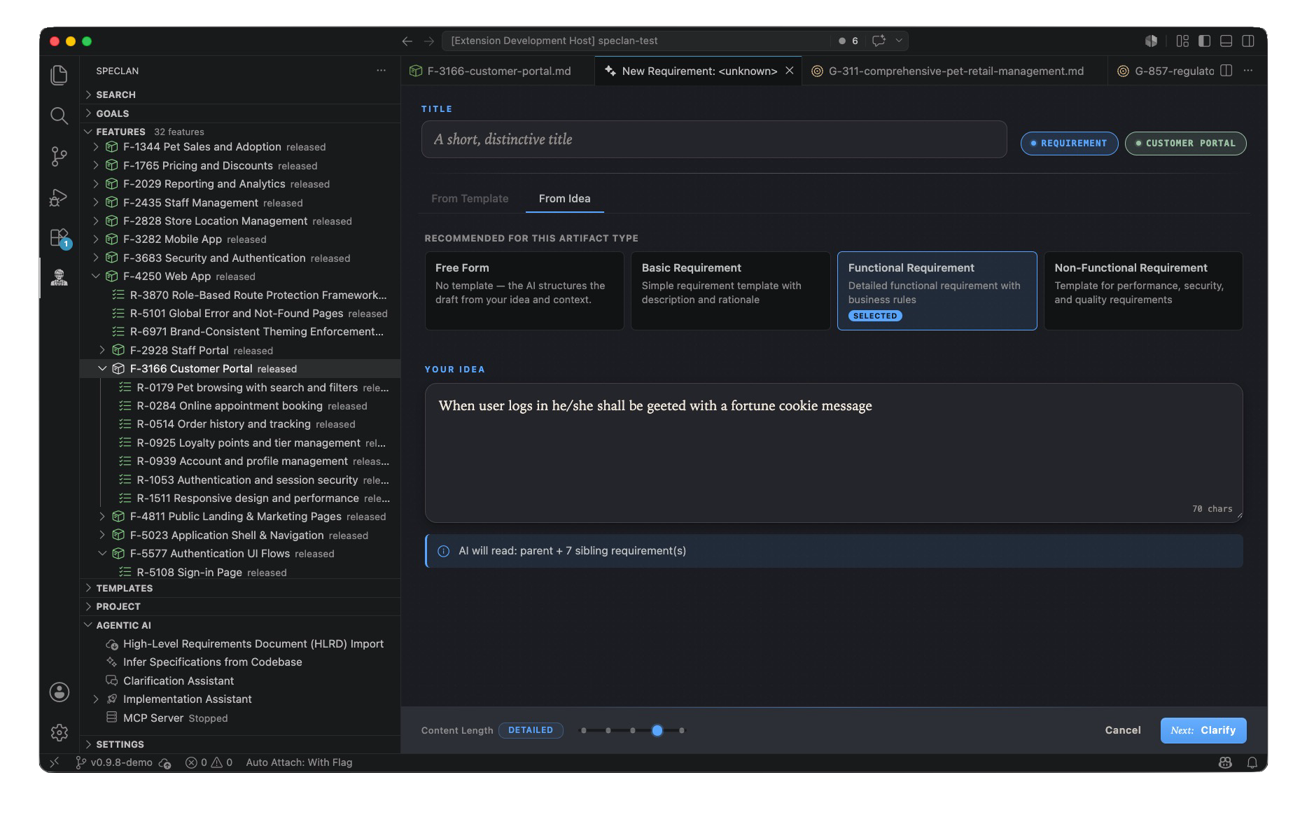 The New Spec Assistant panel — the From Template and From Idea tabs, the title field, artifact-type chips, the idea textarea, and the context-budget pill