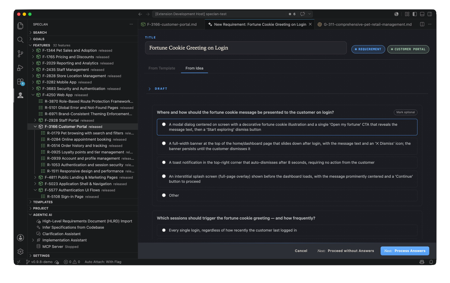 A Clarify session on the "Fortune Cookie Greeting on Login" draft: a single-select question about where and how the message should be presented, with several concrete options plus an importance toggle, and a second question about which sessions trigger the greeting