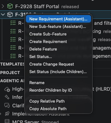 Starting the AI Assistant from the spec tree: a feature's right-click context menu in the VS Code extension, with "New Requirement (Assistant)" and "New Sub-feature (Assistant)" as the entry points